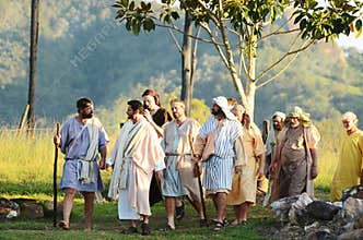 Jesus Christ teaching walking his disciples The Passion play Easter, Lake Moogerah
