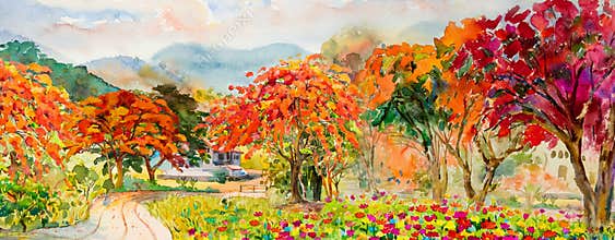 Autumn trees. Painting watercolor landscape