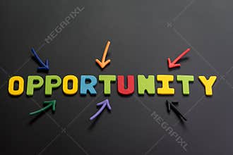 Concept of future opportunity in career path, job or work journey, colorful arrows pointing to the word OPPORTUNITY at the center