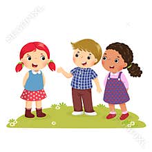 Illustration of a boy Introducing his friend to the girl