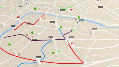 4K animation aerial view of map with 3d building and destination moving location path