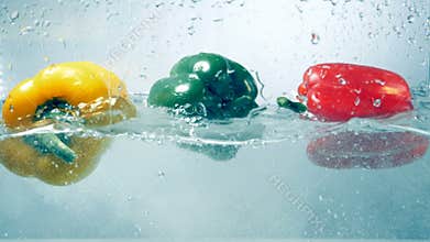 Three different bell peppers float in a water tank.