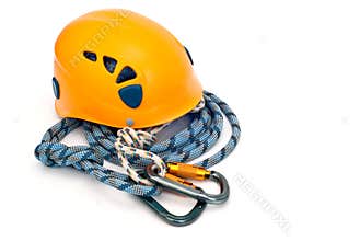 Climbing gear - carabiners, helmet and rope