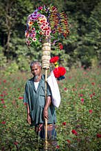 A village street hawker Kohinur age 68, selling colorful paper flowers, Dhaka, Bangladesh.