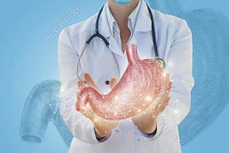 Doctor shows the stomach is drawn .