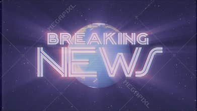 Shiny retro BREAKING NEWS text with earth globe light rays moving old vhs tape retro intro effect tv screen animation