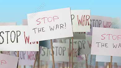 STOP WAR placards at street demonstration. Conceptual loopable animation