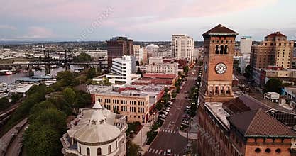 Aerial View Historic Architecture of Downtown Tacoma and Thea Foss Waterway