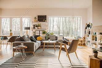 Gray, wooden furniture in a spacious living room interior with w