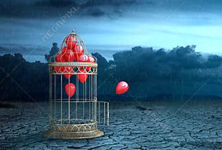 Concept of freedom. Air ball fly out of the cage