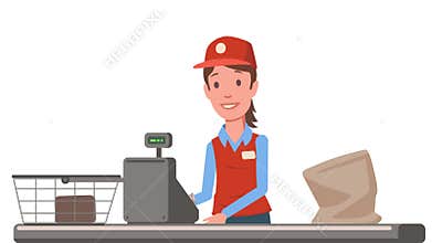 Cashier lady at the supermarket checkout counter. Grocery store saleslady. Flat animation. Isolated on white background.