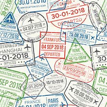 Travel visa airport stamps seamless pattern. Traveling document, vise or passport rubber stamp patterns vector
