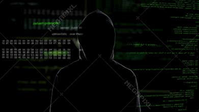 Male hacker in black viewing confidential information, cyber crime problem