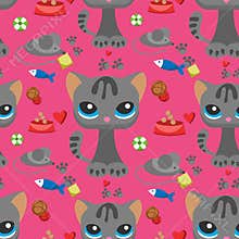 Cat and mouse cute kitty pet cartoon cute animal cattish character seamless pattern background catlike illustration