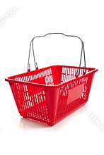 Red plastic shopping basket on a white background