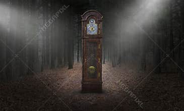 Surreal Grandfather Clock, Time, Woods, Nature