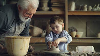 Diligent young learner is shaping clay pot under the guidance of his experienced male teacher. Apprenticeship