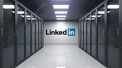 LinkedIn logo on the wall of the server room. Editorial 3D animation