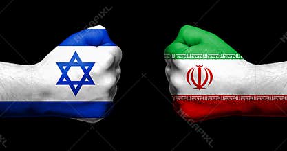Flags of Israel and Iran painted on two clenched fists facing ea