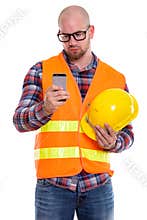 Young bald muscular man construction worker
