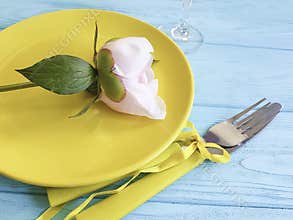 Empty plate overhead flower peony holiday vintage birthday romantic on blue wooden background