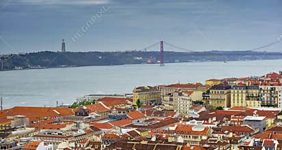 25th of april bridge , the Christ and Lisbon from Saint George castle gardens, Lisbon, Portugal