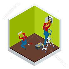 Isometric master electrician at work near the plate with a plurality of wires. Repairs in the house or apartment, wiring