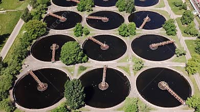 Aerial shot of water purification on industrial sewage treatment plant.