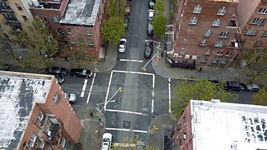 Aerial drone shot of Williamsburg district, New York City. Streets and crossroads. NYC, USA.