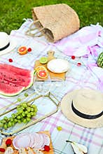 Picnic background with white wine on green grass