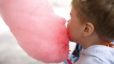 A boy in the Park eating airy cotton candy. Child`s birthday