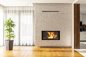 Fireplace on brick wall in bright living room interior of house