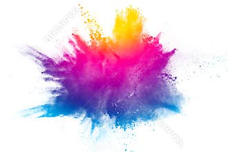 Explosion of rainbow color powder on white background.