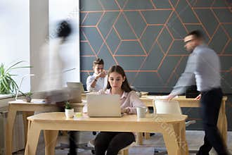 Office rush concept, employees working together in coworking usi