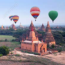 Colorful hot air balloons flying over Bagan, Myanmar