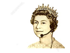Conceptual business/customer service. The head of England currency- Queen, with headset