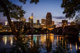 Cityscape skyline of Downtown Minneapolis Minnesota in the Twin Cities Metro area at night