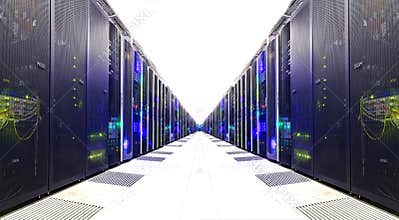 White Server Room Network communications server cluster in a server room. . futuristic modern data center