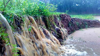 Flowing water causing soil erosion during heavy rain and flood