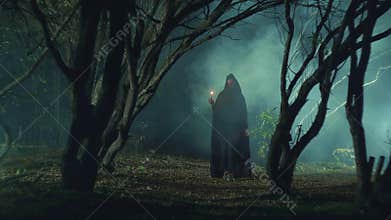 Mystical girl in a dark forest with a candle