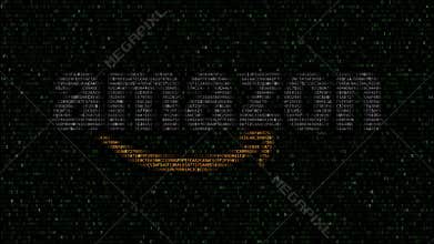 Amazon.com logo made of flashing hexadecimal symbols on computer screen. Editorial 3D rendering