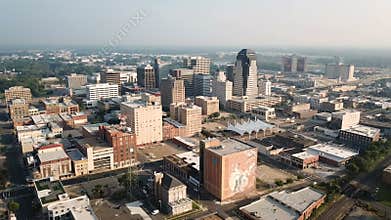 Aerial view sliding right over the downtown urban metro area of Shreveport Louisiana