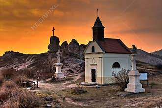 Little chapel and statues in the sunset at Budaörs, Hungary