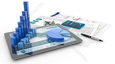 Bar graph, tablet and report paper