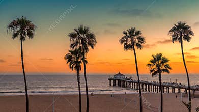Manhattan Beach at sunset in California