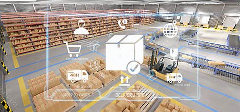 Logistic delivery service application on a warehouse background