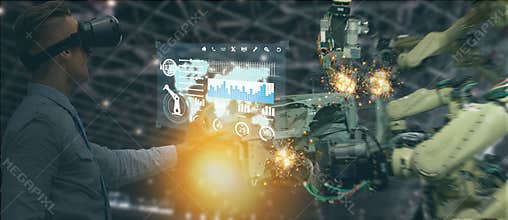 Iot industry 4.0 concept,industrial engineer using software augmented, virtual reality in tablet to monitoring machine in real t