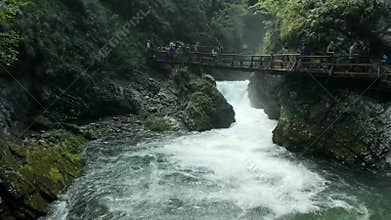 View of canyon Blejski Vintgar with beautiful clear and speed water
