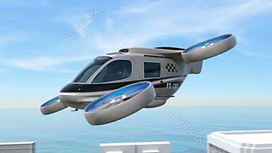 Metallic gray Passenger Drone Taxi landing on a rooftop helipad