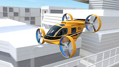 Yellow Self-driving Passenger Drone Taxi flying through highway